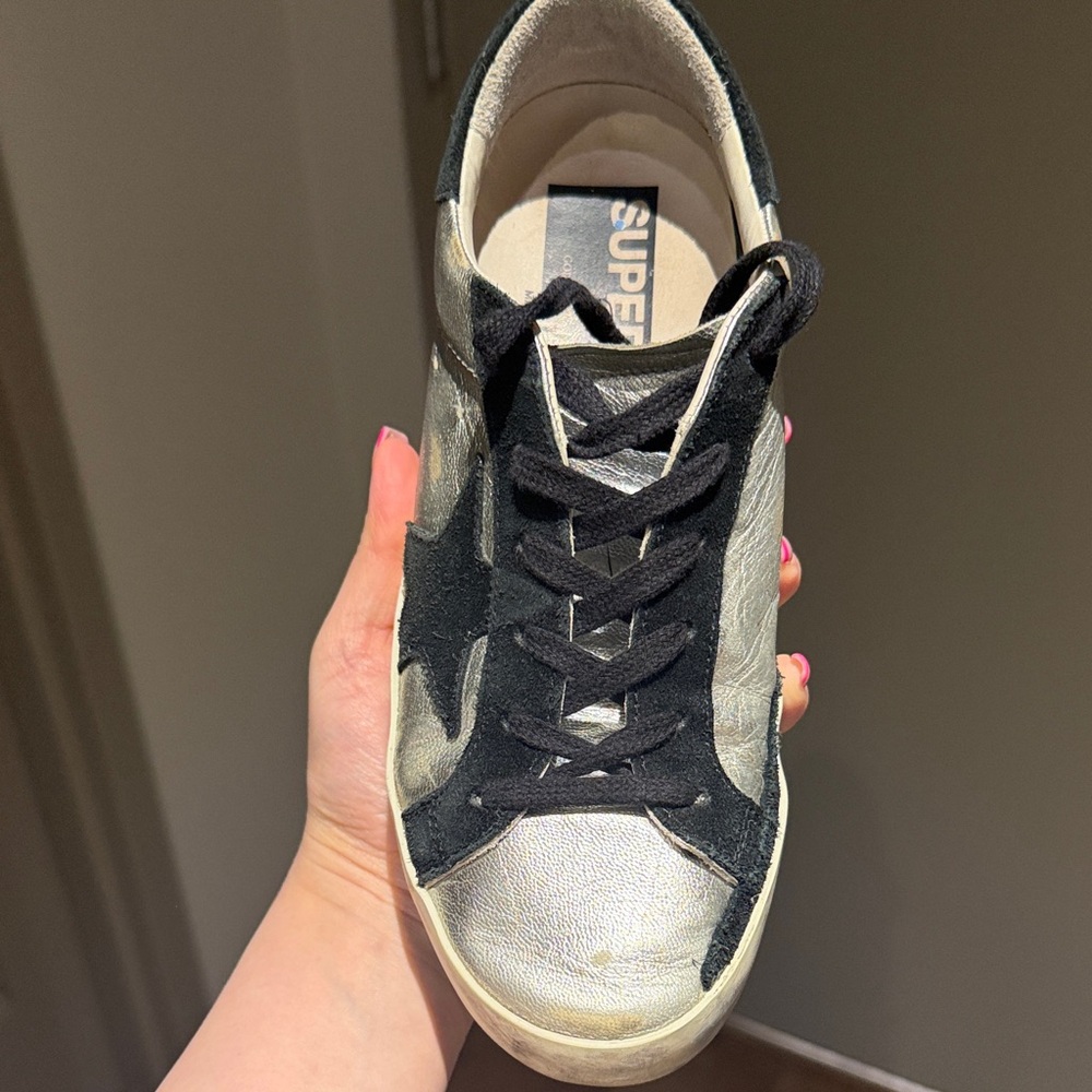 Golden Goose White and Black Superstar Sneakers - Picture 6 of 9
